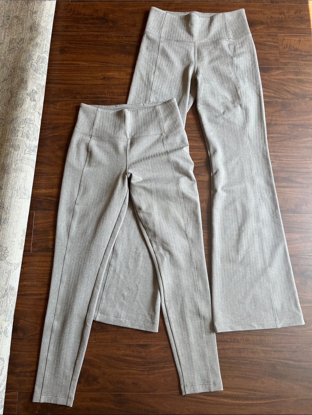 Two pairs Athleta High-Waist Delancey Herringbone tight legging and flare pants